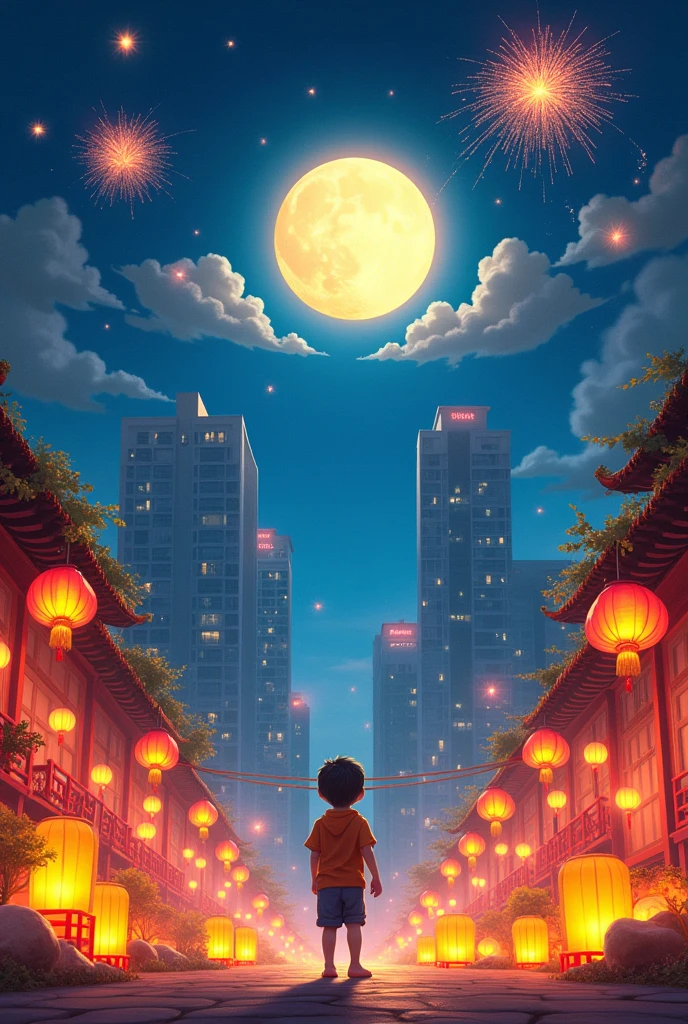 Mid-Autumn Festival in Hong Kong,Hong Kong elements。A bright full moon hangs high in the clear blue night sky,A little star shines。In the city of Hong Kong,A cute boy,Stand under the moon,Bamboo lanterns and art installations adorn the entire environment,Adding a mysterious atmosphere to the festival。In the night sky,Brilliant fireworks bloom,Pushing the entire celebration towards,People look up at the sky,Celebrating the Mid-Autumn Festival。This moment is filled with tradition and celebration,Presenting an unforgettable artistic panorama。