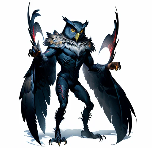 a black feathered owl man, an owl man, red glowing eyes, scary red eyes, massive owl wings, night creature, owl beak, owl face, owl legs, owl claws, normal owl claws, owl talons, forest background