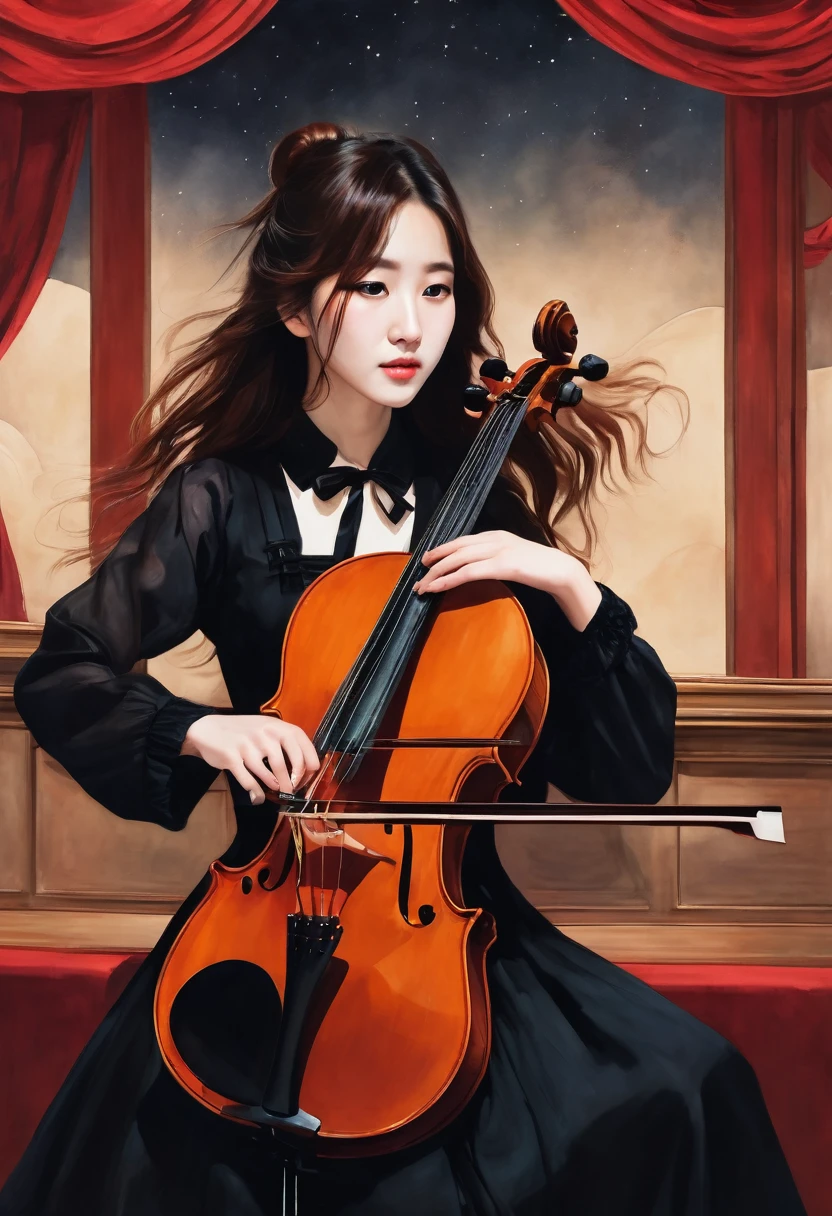 a pretty korean girl in a black night dress, with suspenders, playing the violoncello in a theatre scennario, long loose brown hair with curtain bangs , behind, there is a red curtain, view from far away, and the wind blows her hair.