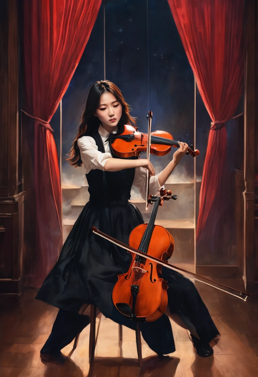 a pretty korean girl in a black night dress, with suspenders, playing the violoncello in a theatre scennario, long loose brown hair with curtain bangs , behind, there is a red curtain, view from far away, and the wind blows her hair.