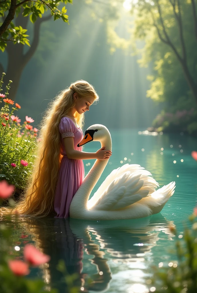 Rapunzel and a swan