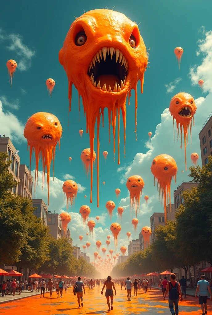 Lots of orange slime looking creature with teeth without eyes and dripping with paint invading Earth from the sky and attacking humans 