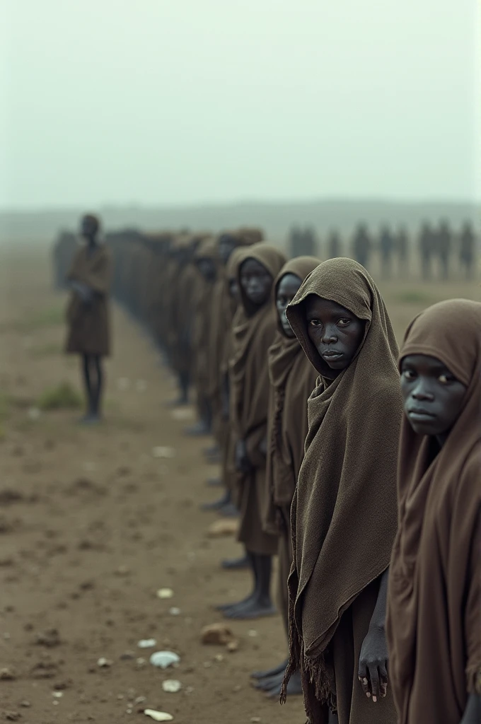 Villagers with hollow eyes and thin frames stand in line, waiting for their ration of food. The mood is somber, with an atmosphere of desperation as they try to make do with very little.  6
