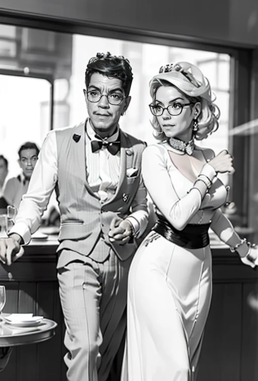 The picture shows a couple: cantinflas wearing an elegant tuxedo, sitting at a restaurant table with a spectacled blonde who is wearing an elegant evening gown, They are enjoying dinner 