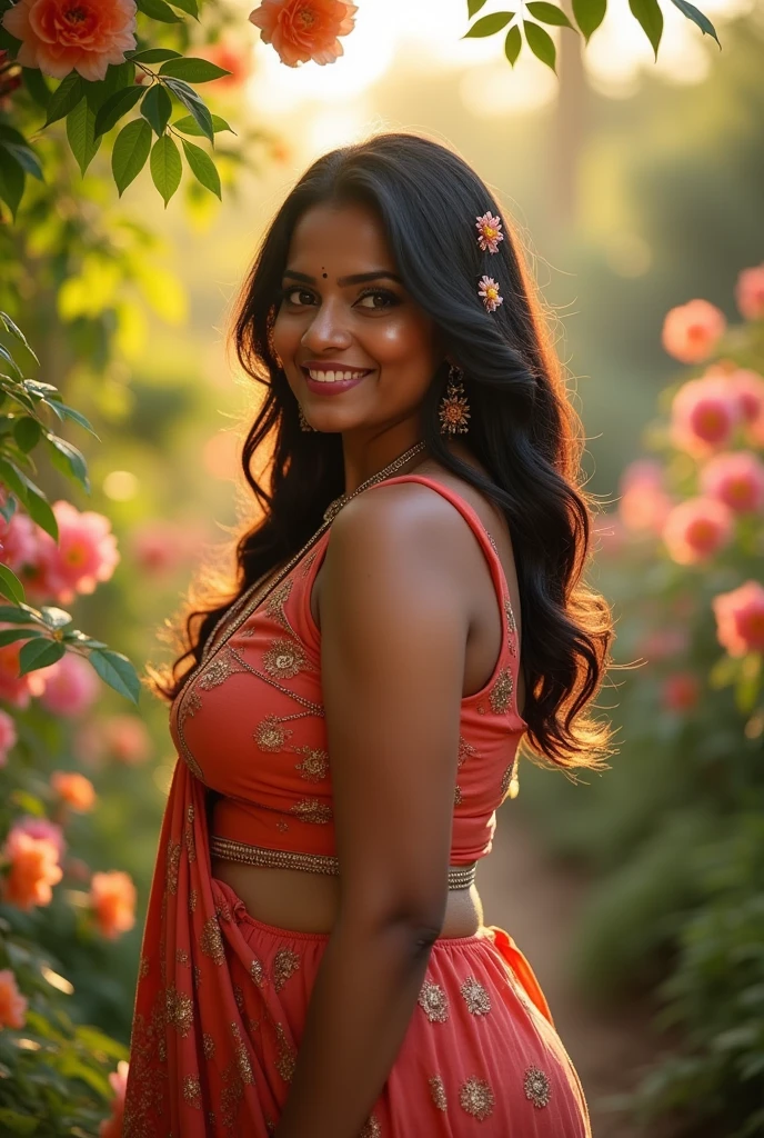 (photorealism:1.2), hot indian woman in front of the garden plus size