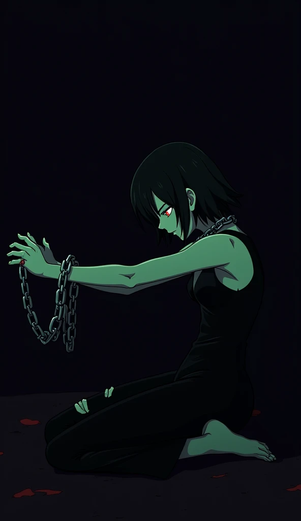 1girl, yor briar, meditating, chained to the ground, cuffs, shackles on neck and limbs, red background, red eyes, anger, defiant pose, looking at viewer, half-closed eyes, simple background, ultra-detailed, long sleeveless black suit, tough, damaged, wounds, kneeling, black and red theme, black and red theme, anime style, anime screencap,