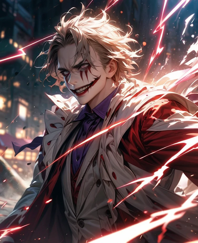 absurdres, highres, ultra detailed, HDR, masterpiece, extremely detailed face and eyes,Heath ledger Joker,red and white costume,,  , solo, man, handsome, ,, , Epic fight scene,red white, splashing effect, red and white lightning effect,glowing glitters