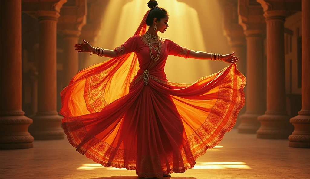Rhythmic devotion takes center stage in this stunning movie poster titled "rhythmic devotion." The intricate and graceful classical dance kathak pose is beautifully captured, with the dancer's body in perfect harmony and fluid motion and clothing of chudidar . The image, undoubtedly a painting, exudes elegance and timelessness. Each detail is meticulously rendered, from the intricate hand mudras to the ornate jewelry adorning the dancer. The color palette is rich and vibrant, enhancing the mesmerizing quality of the composition. Overall, this image is a masterful blend of tradition and artistry, a true feast for the eyes.