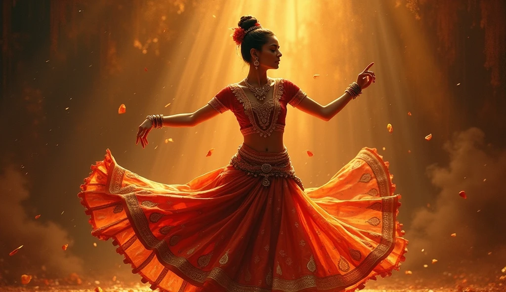 Rhythmic devotion takes center stage in this stunning movie poster titled "rhythmic devotion." The intricate and graceful classical dance kathak pose is beautifully captured, with the dancer's body in perfect harmony and fluid motion and clothing of chudidar . The image, undoubtedly a painting, exudes elegance and timelessness. Each detail is meticulously rendered, from the intricate hand mudras to the ornate jewelry adorning the dancer. The color palette is rich and vibrant, enhancing the mesmerizing quality of the composition. Overall, this image is a masterful blend of tradition and artistry, a true feast for the eyes.
