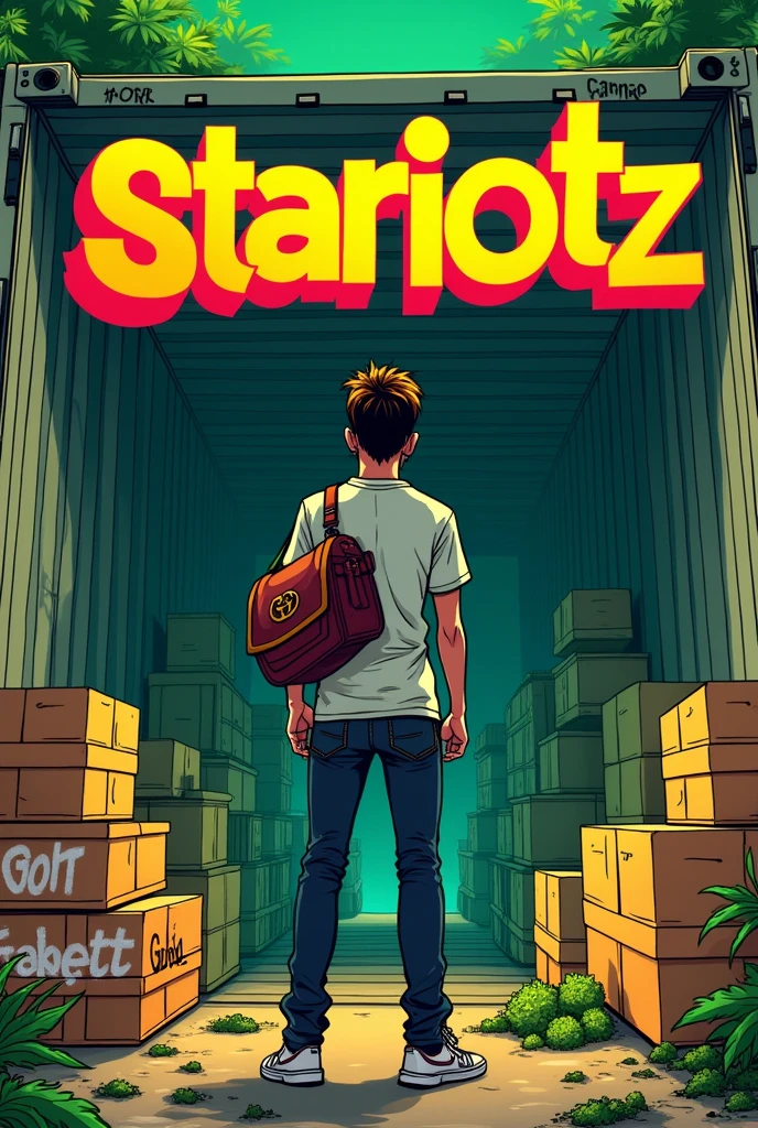An animated image of a person with a Gucci duffel bag. This person is standing in a large container, looking ahead. In front of this person, there is a lot of cannabis in bags and these bags are being unloaded from a container. The image should have 'Stariotz' written in large letters. 