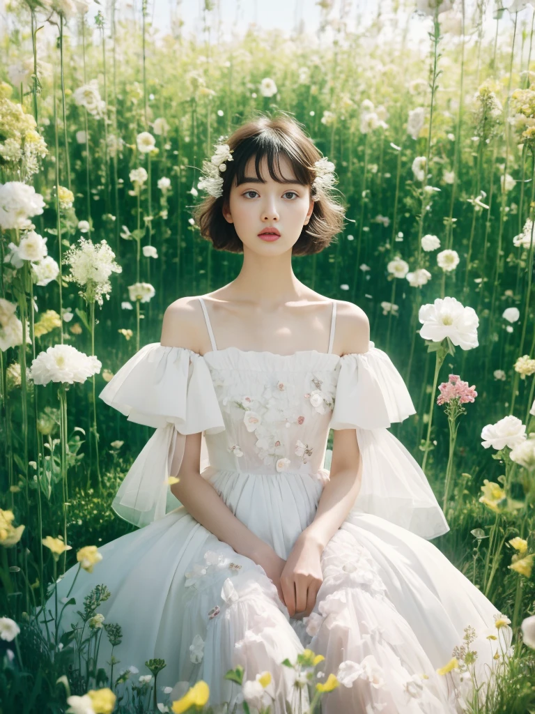 Alfid woman wearing a white dress sitting in a flower field, Alexander McQueen's digital art, Douban, Aestheticism, Dior Advertising Campaign, Tim Walker's style, Dior Official Editorial, Dior magazine editorial, Tim Walker, Givenchy Official Editorial, Nick Knight, Image from《Fashion》Magazine, Valentino official editorial, 《Fashion》Official editorial, Nicole wearing a white dress, Fashion社論