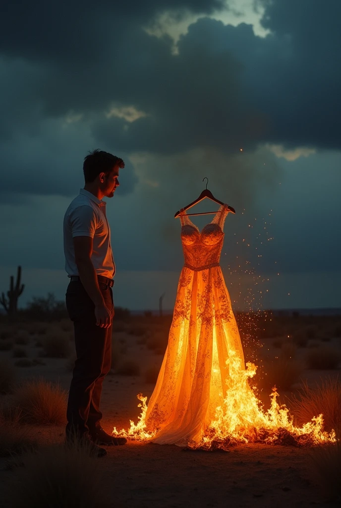 Man standing and see  burning weeding dress because his wife cheated on him 
