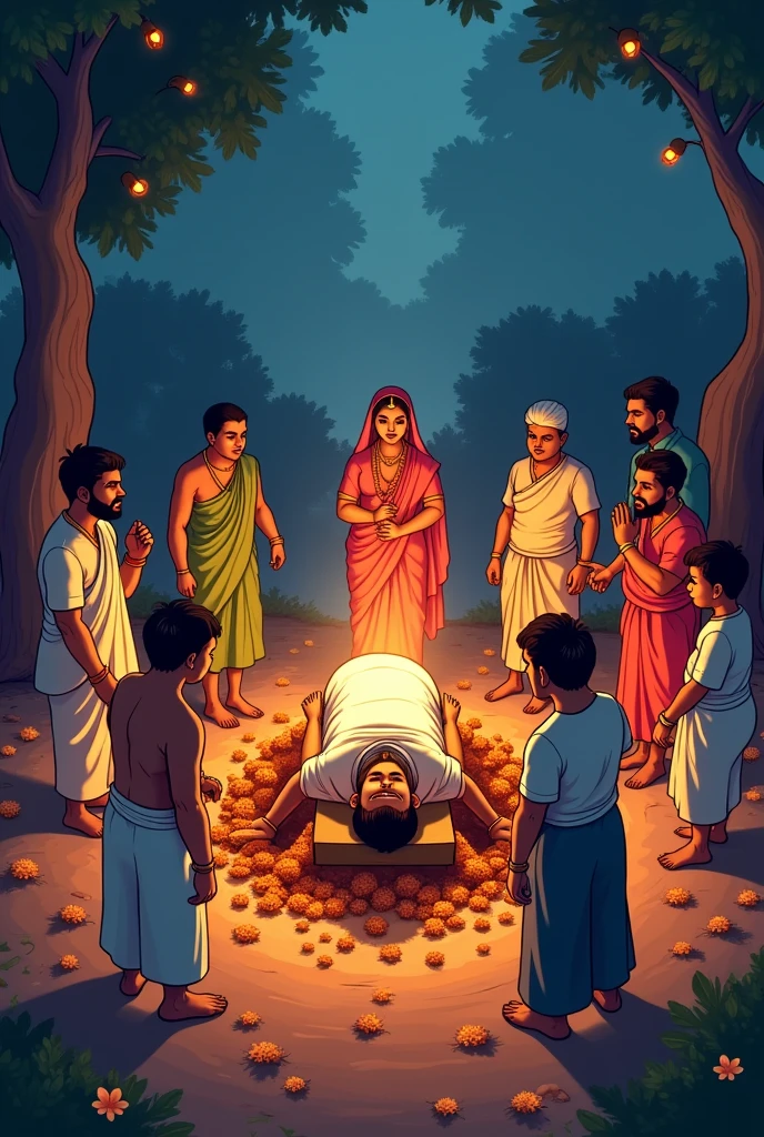 A cartoon-style scene depicting a traditional Indian funeral or cremation ceremony. The image shows a deceased man covered with a white cloth and adorned with garlands, lying on a cremation bed. Some male and female Surrounding him with dressed in traditional Indian attire, some with expressions of sadness and others appearing to cry and discuss something. A woman in a saree is gesturing with concern in background. six man on arround appears to be standing arround and one man handling a clay pot for the last rites. The background is cremation area with spooky effect