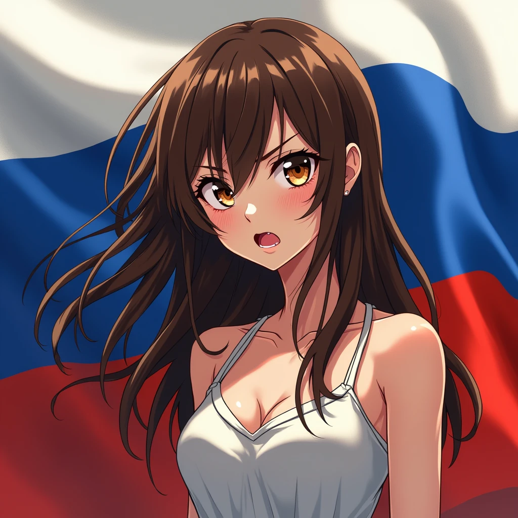 beautiful brunette girl angry with brown eyes on the background of the Russian flag in anime style for avatar