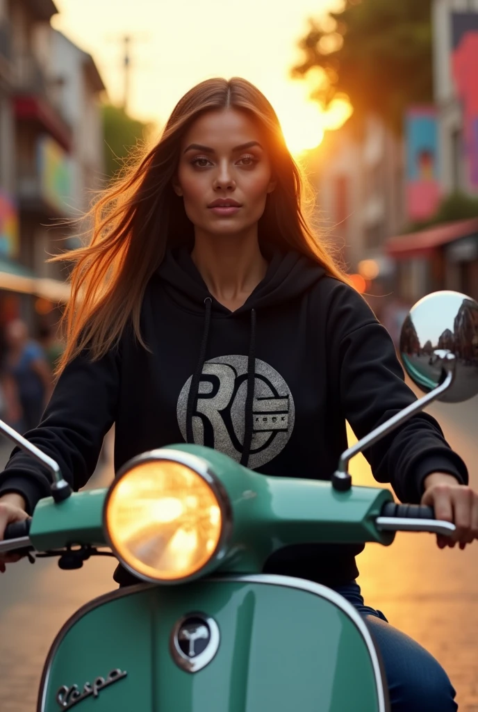 Beautiful woman wearing a black hoodie with the name RG icon, riding a Vespa scooter