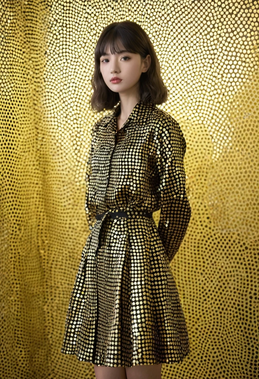 Shiny，Vague，golden polka dots，grid，1 girl，fair