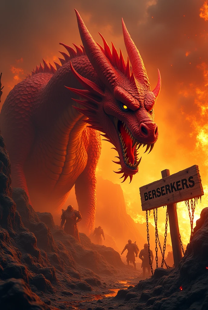Dragon, furious, red, fire, devil, poseido, hellish environment, souls in pain, with an old wooden sign that says the word "Berserkers" with letters of blood, old and worn sign, chains, in hell, realist, 8k , HD,
