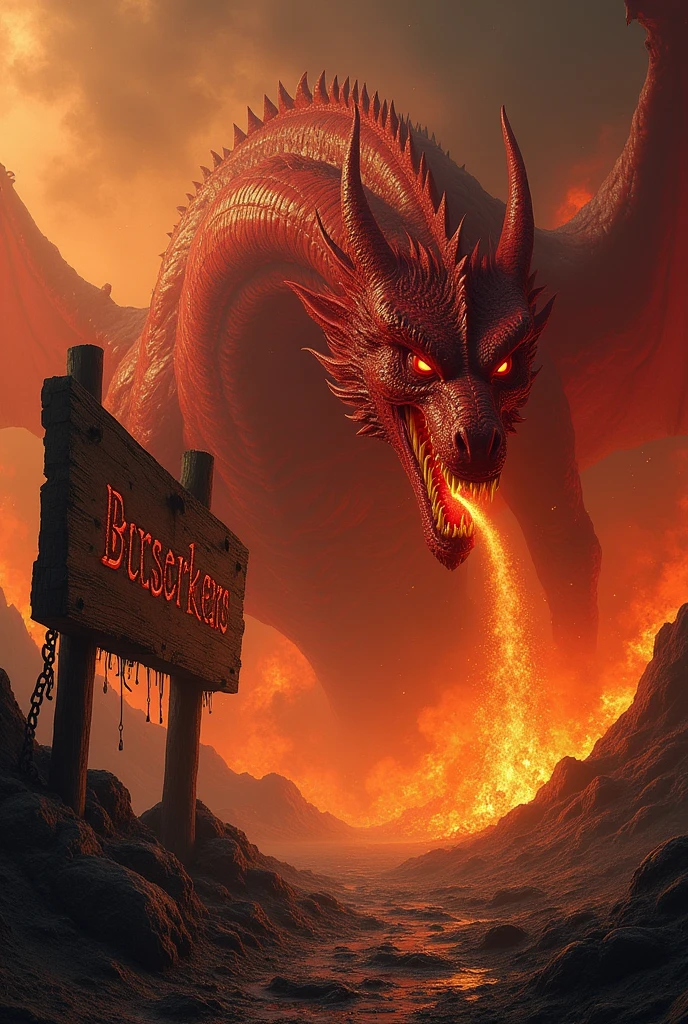 Dragon, furious, red, fire, devil, poseido, hellish environment, souls in pain, with an old wooden sign that says the word "Berserkers" with letters of blood, old and worn sign, chains, in hell, realist, 8k , HD,