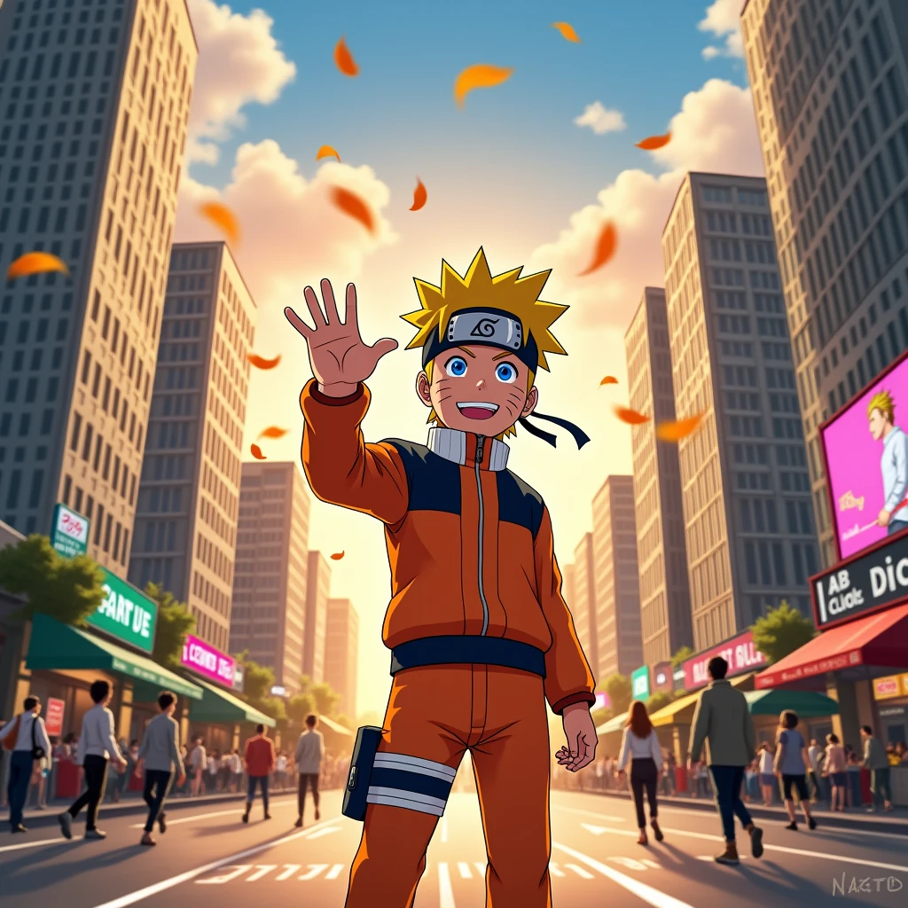 Draw Naruto Uzumaki waving to the viewer in the city