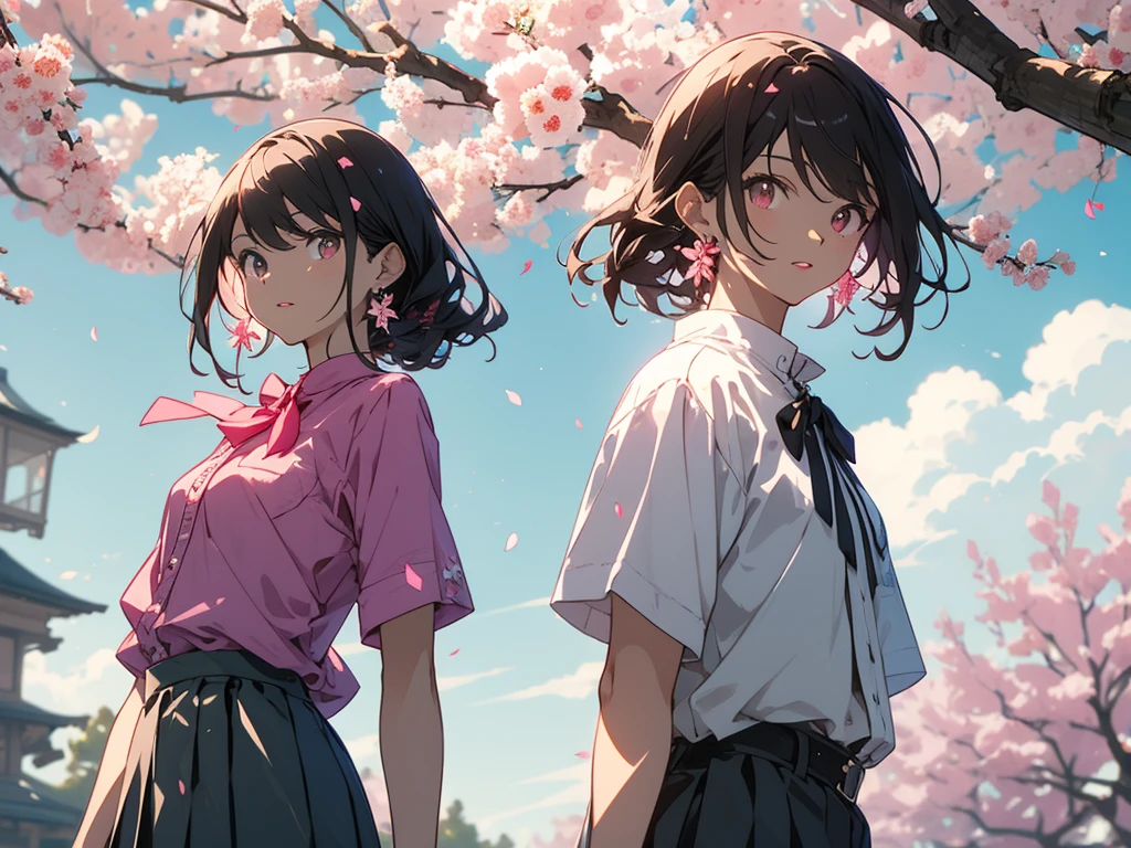 (masterpiece),(highest quality:1.0), (超High resolution:1.0), (Shining eyes、detailed美しい顔)、be familiar with illustration, 8K, anime, (1 boy),(casual dress、spring fashion)、(shirt with white ruffles、lime green pleated pant) 、beautiful anime, cute pose, cute face, be familiar with face, beautiful eyes, dark red eyes, be familiar with eyes, red lips, red lipstick, little brown hair, (pink flowers in ears,earrings)、 (white ankle short boots)、hair highlights, Are standing, Cherry blossoms are blooming on the tree behind me, blue sky with clouds, be familiar with, Complex, anime style, highly be familiar with、(whole body)、(highest quality、masterpiece、High resolution、detailed)、(美しいanime)