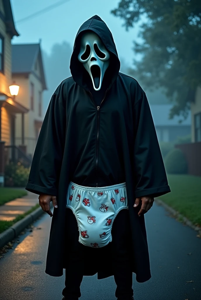 High quality, masterpiece, Ghostface from Scream wearing an poopy adult diaper