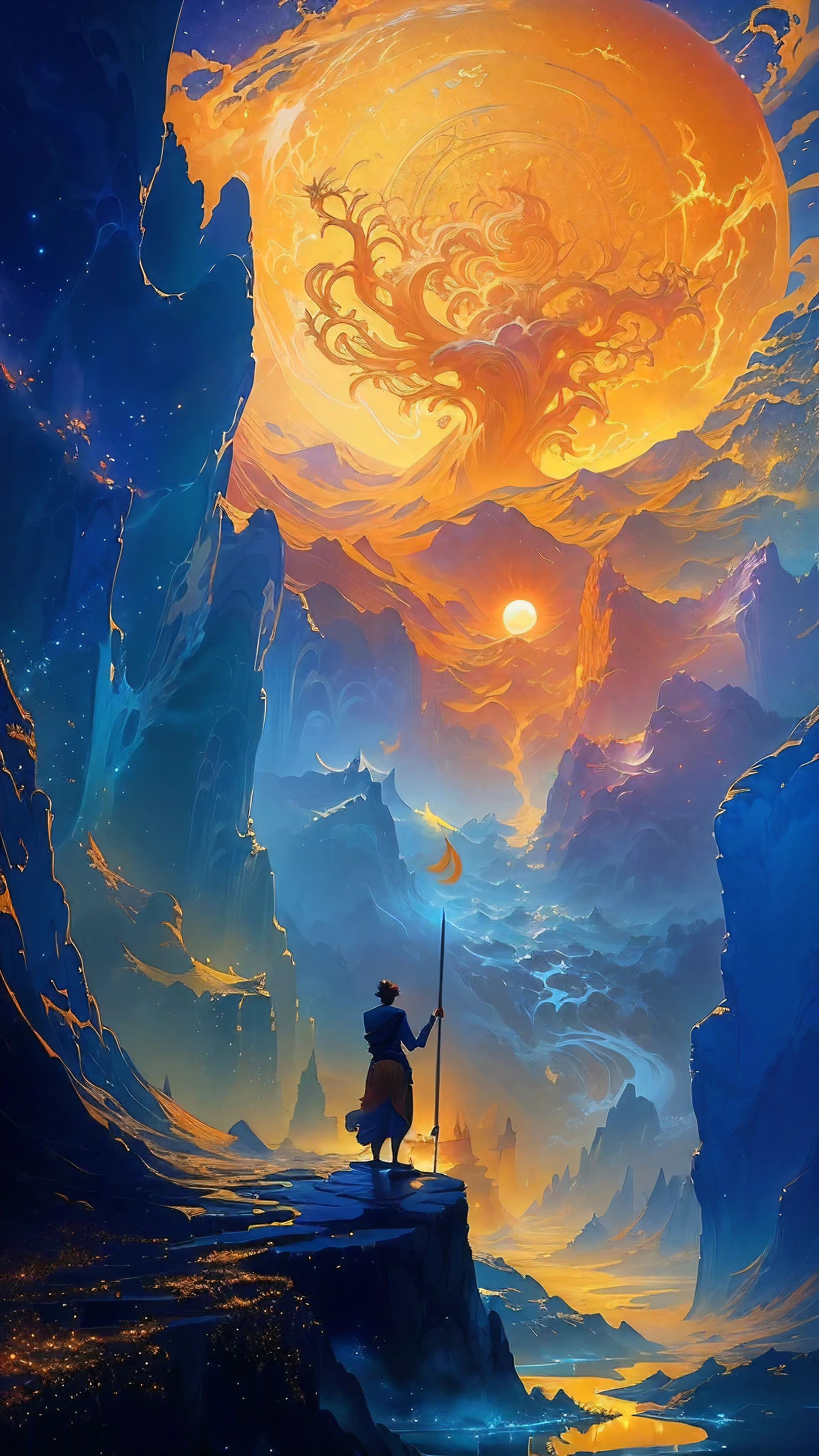 painting of a man standing on a rock with a staff in front of a giant yellow sun, inspired by Cyril Rolando, fantasy digital painting, in style of cyril rolando, jen bartel, by Cyril Rolando, dreamlike digital painting, concept art wallpaper 4k, cyril rolando and goro fujita, digital fantasy painting
