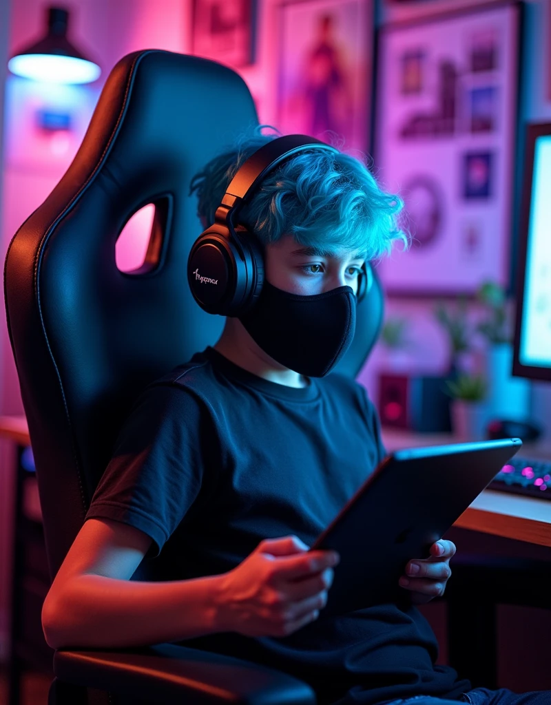 give me profile picture for YouTube channel which a boy Play PUBG in ipad one his hand the boy hair color is blue how have covered his by a full mask he seting in gaming chair he were a hiperx headphones photo