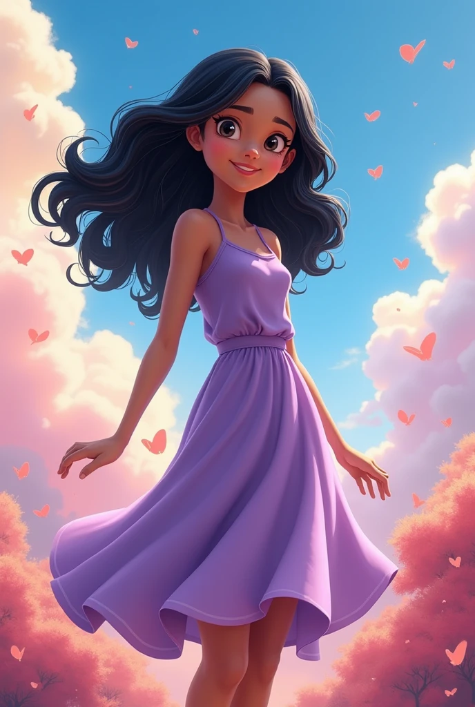 Make me the animated version of an 18 year old girl, hair below the shoulders, wavy fur, black fur, slim, light brown skin, Purple dress, With a mole on the nose
