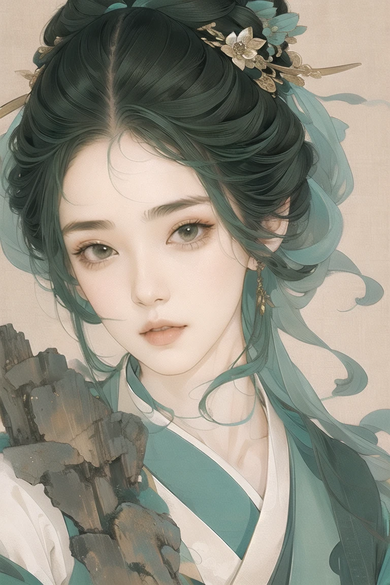 Green hanfu, close up, portrait