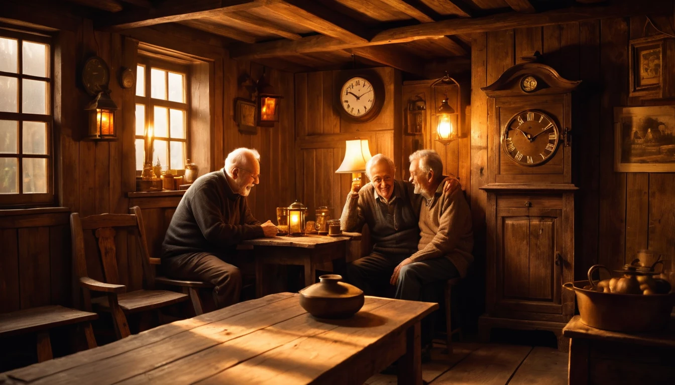 (cosy scene) Grandfather and young man in an old wooden house, warm ambient lighting from a lantern, rich textures of aged wood, big clock on the wall providing a nostalgic vibe, deep golden hues illuminating their expressions, intimate atmosphere, feeling of family connection, highly detailed, heartwarming interaction, ultra-detailed, immersive and inviting setting, emotional exchange, rich shadows enhancing the depth and warmth of the scene.