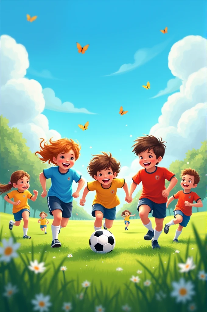 Happy kids playing soccer in a ground, 2D cartoon picture