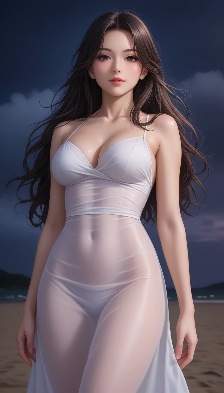 score_9, score_8_superior, score_7_superior, High-resolution CG illustration,A masterpiece in 32K resolution,Highest quality,it is really amazing,Very detailed,Ultra-high resolution,Ultra-realistic,Realistic,Increased depth of field,Cinematic lighting,
Sexy mature Japan woman,
Glossy black hair,Wavy long hair,Showing his forehead,god々Beautiful,Ultra-detailed and beautiful face,Sensual look,Beautiful dark brown, moist eyes,Pitch black eyes,Glowing, moisturized skin,Translucent white skin,born々New skin texture,Great proportions,
(A long, white draped dress in the style of an ancient Greek chiton:1.05),
Simple design,コットンborn地の柔らかな質感,Beautiful flowing drape,
A dark and blurry night background,Dark overcast sky on a dull night,Dark clouds filling the sky,Thundercloud,Coastline at night,Golden reflections on the sea surface,delay々A desolate sandy beach that continues,
Low - Angle,