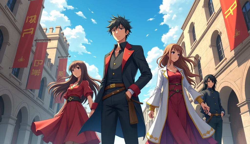 Anime illustration、 Realistic, oil、Asahi、Departure Day、A group of brave men、A party of four consisting of a handsome, refreshing hero, a female mage, a healer, and a sage.、Departure from the capital、Bright sunlight、excited、looks fun、Looking forward to the adventures ahead、fanfare、Anime style illustrations、Medieval Europe、2D Anime Style、Black Hair、Brown Hair