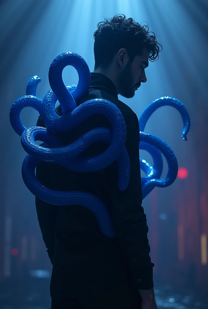 The shadow of a man ,blue tentacles on the back bigger bigger,now put the man facing forward