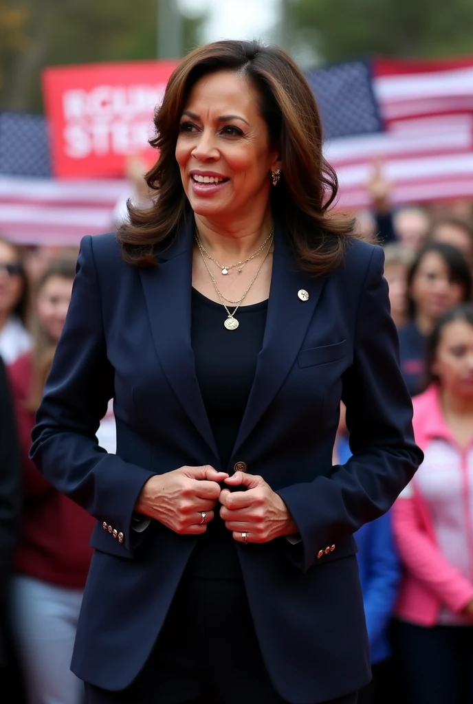 Kamala harris with big breasts, about to pop out of her shirt. Breasts bulging out, the buttons are about to snap 
