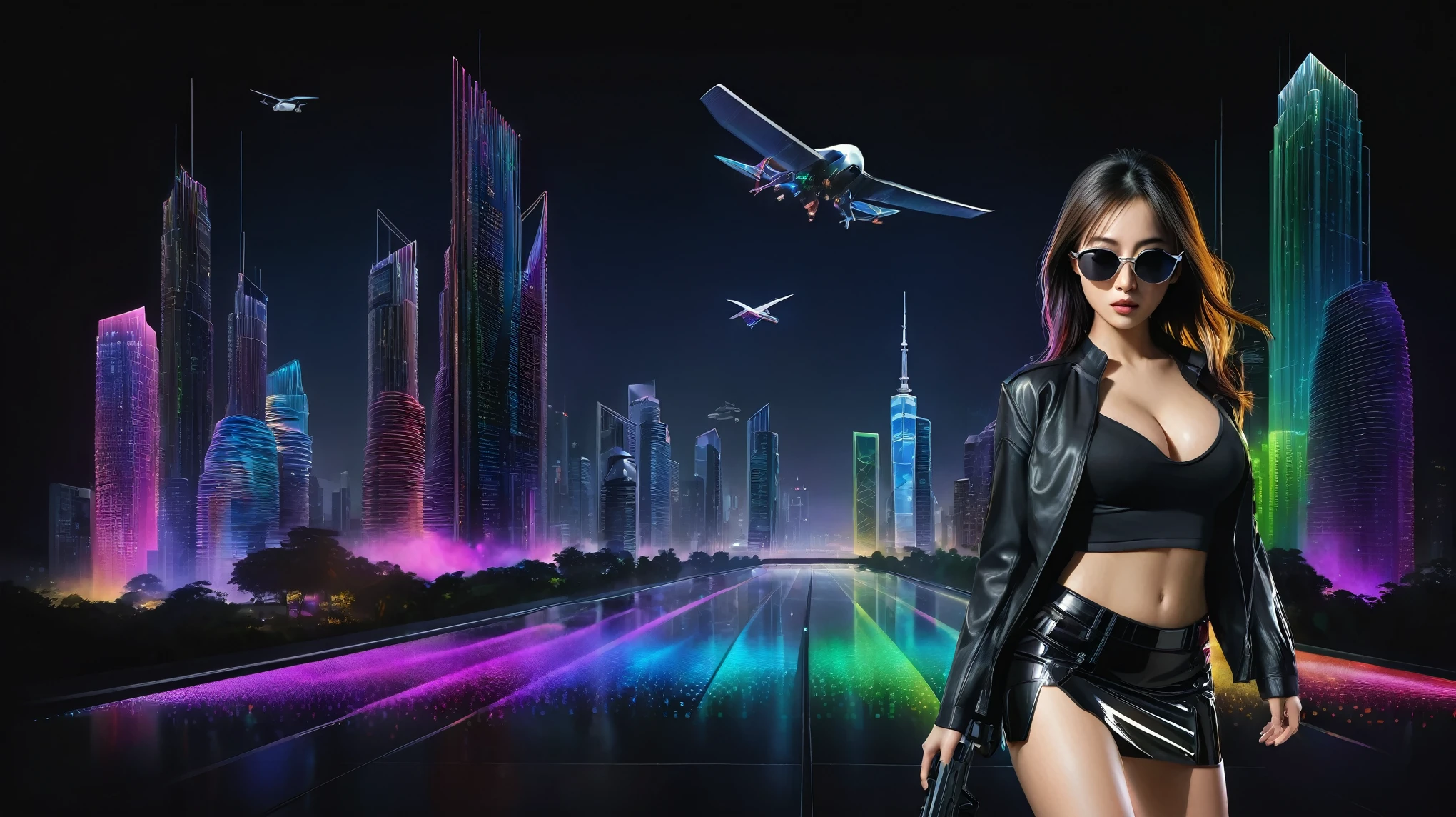 Futuristic cityscapes with colorful all-glass towering skyscrapers, sleek aerodynamic vehicles speeding through the air, rainbow colors waterfalls. High-resolution OLED GUI interfaces in the building, The windows are filled with transparent data visualization infographics that show it all, from weather patterns to traffic flow, Matrix cascading code. Colors are saturated and vibrant. At night, (1girl, solo), photo realistic, medium-breast:1.3 slim body, cleavage, sexy costume, miniskirt, (matrix style black sunglasses, holding a short gun), half-body thigh level medium shot, cinematic lighting, ray tracing.
