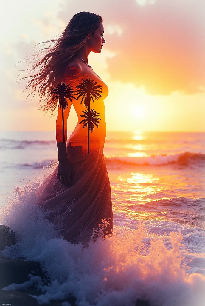 high quality, 8K Ultra HD, A beautiful double exposure that combines an goddess silhouette with sunset coast, sunset coast should serve as the underlying backdrop, with its details incorporated into the goddess , crisp lines, The background is monochrome, sharp focus, double exposure, by yukisakura, awesome full color,