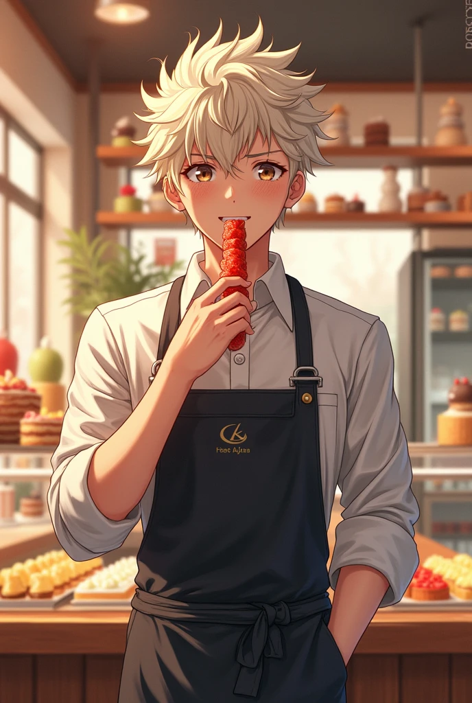 handsome anime man, pastry chef, eating gummy bears, albino, anime, flirtatious, with freckles, Tall boy