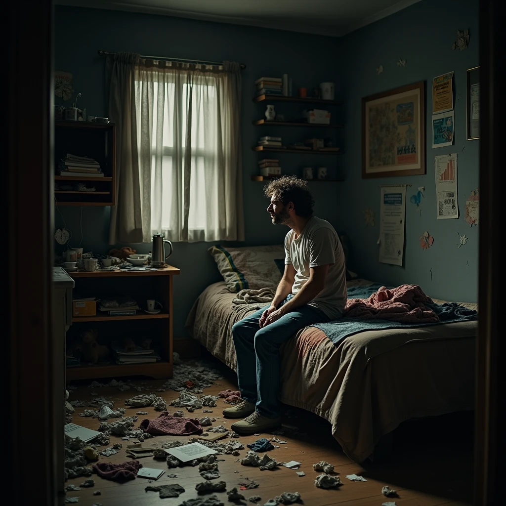 Messy man's room with bed and dark window