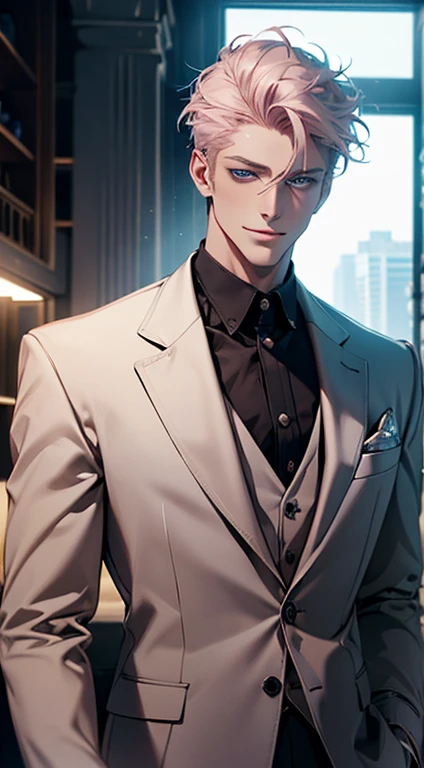 (best quality, masterpiece, 8K, photorealistic, cinematic lighting, hdr image, ultra detailed, beautiful image), a mature man, very handsome, smile, short grey pink hair, blue eyes, perfect face without errors, ((buttoning the jacket, CEO))
