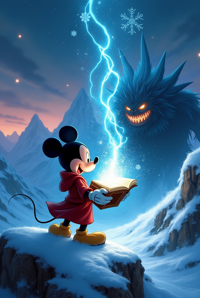 Mickey uses a spellbook to summon a beam of light that destroys the monster that is on a snow mountain.
