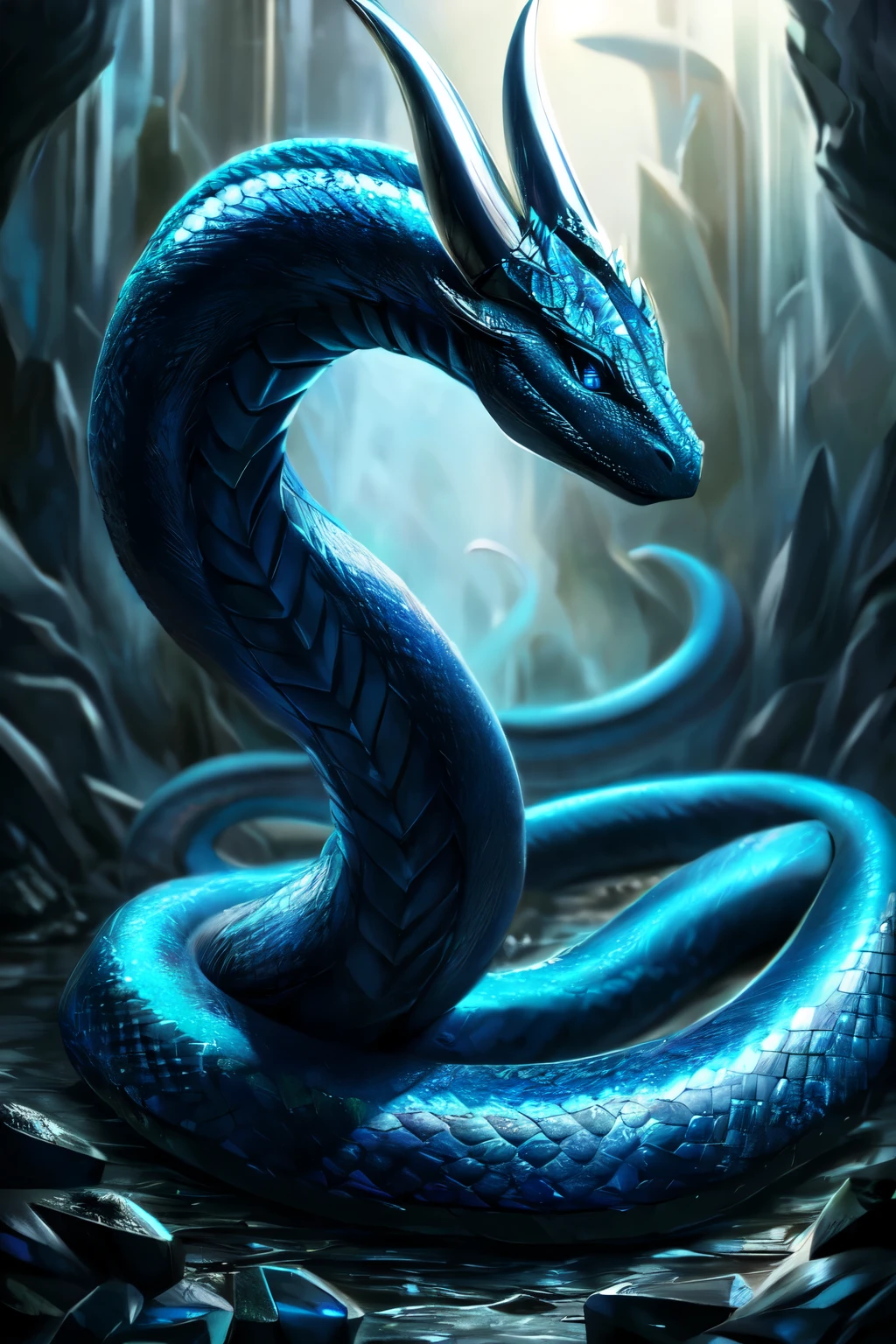 ((best quality)), ((masterpiece)), (detailed), picture of black serpent with blue sheen, photorealistic, Ultra High Quality crystal gem on its forehead, photorealistic image, dragon horns on the side of its head, dragon horns on its tail, realistic, forty feet long snake, forty feet long serpent, high quality, dark blue eyes, Surreal art, shimmer, Approaching perfection, , Reflective materials, shadowy, Volumetric lighting, 8K resolution, ultra-detailed, well-proportioned detailed dark blue eyes, exquisitely crafted snake, exquisitely crafted serpent, elegant, beautiful detailed and clear dark blue eyes, wide image view, full-body picture