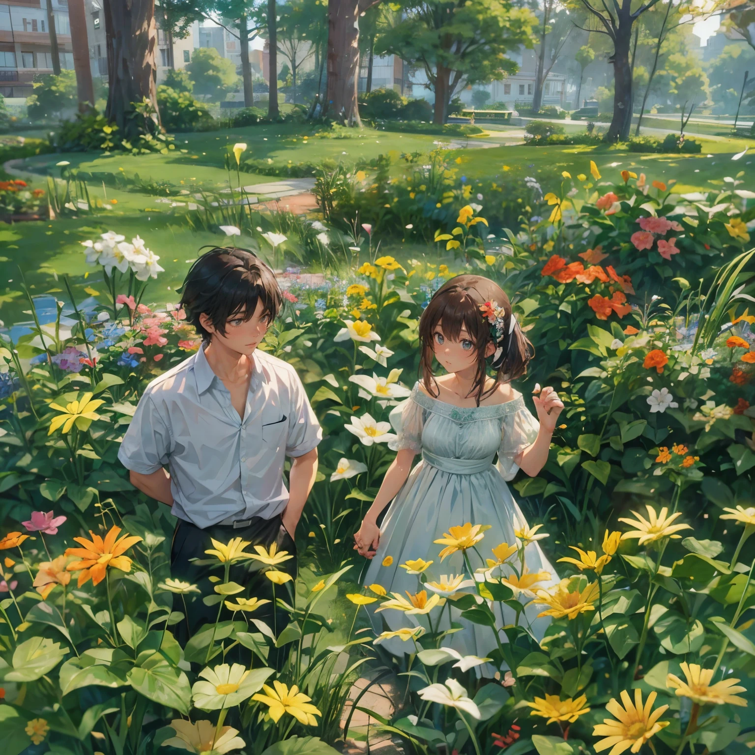 A couples standing , taking pictures, anime style, flowers in background, 