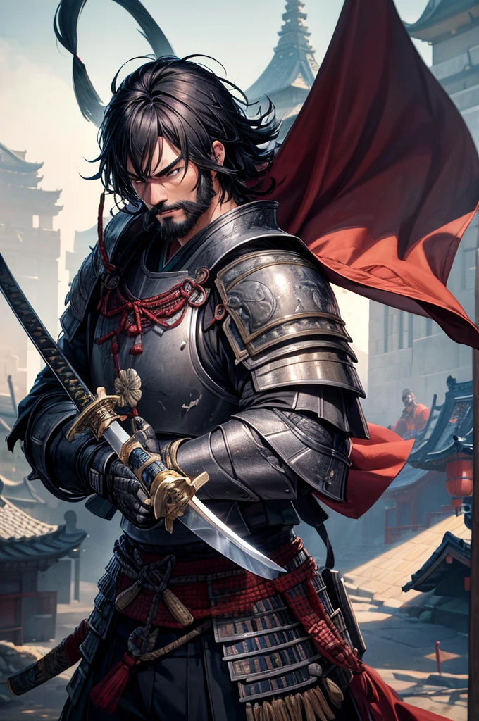 Armored１Men, Japanese men, Holding a large sword, sad, Intimidating Appearance, Old Japanese samurai clothing, Wearing light armor, Muscular, Black Hair, black eye, Five fingers, An old Chinese castle in the background, beard, cinematic lighting, cowboy shot, anime, UHD, retina, masterpiece, accurate, anatomically correct, textured skin, super detail, high details, high quality, award winning, best quality, highres