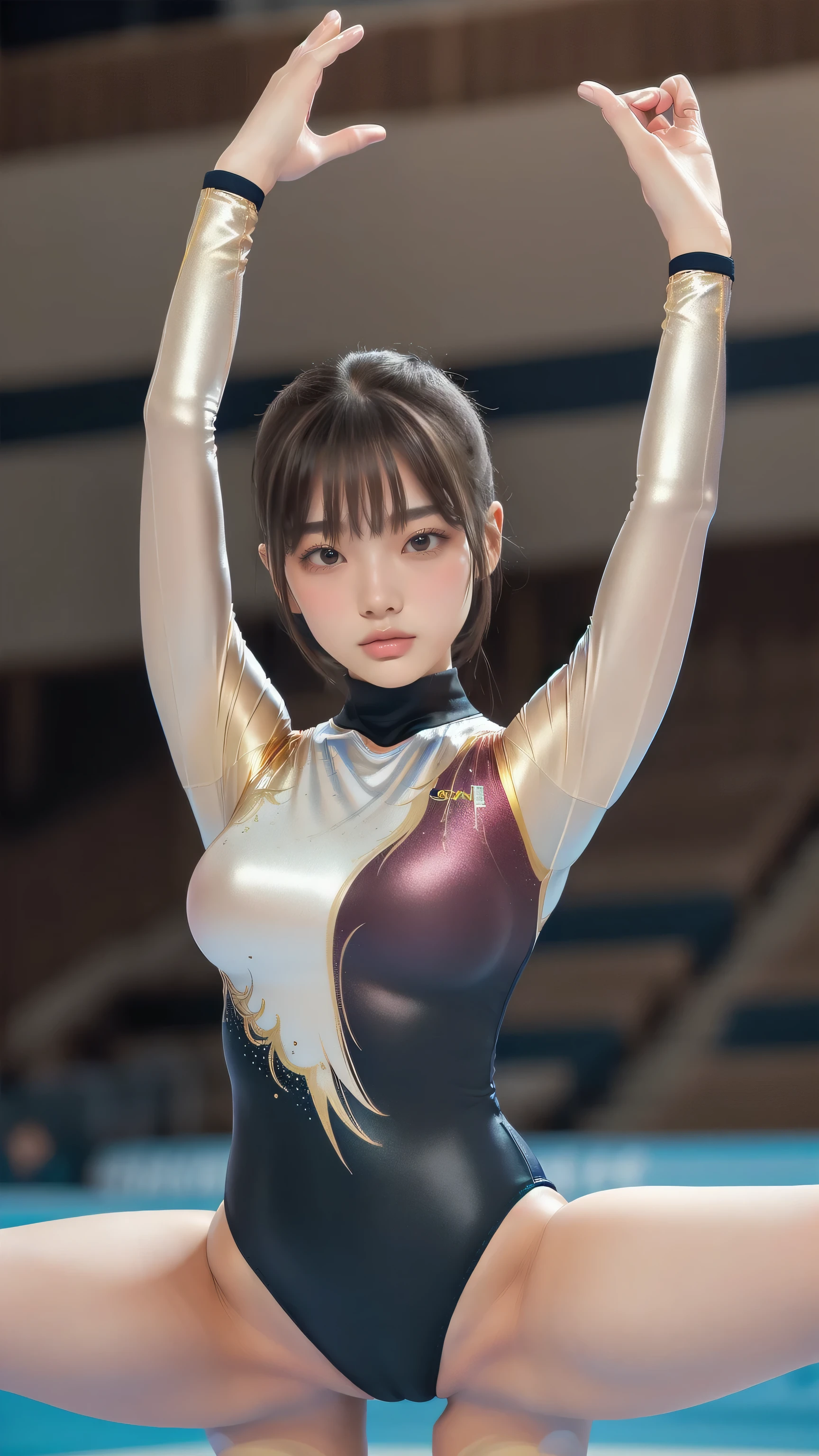 ((indoor, 新Gymnastics arena, Gymnastics arena:1.3)), Vibrance, Natural colors, (Highly detailed skin, Beautiful realistic face, White skin, Pointed Chest, Small nipples, Perfect Anatomy, Realistic eyes, Natural Eyes, Brown eyes, Accurate eye focus, Accurate limbs), (Hyper Realist, ultra-realistic, 4K, Attention to detail, Ultra-high resolution, Highest quality, masterpiece, Presence, dynamic, Uplifting, bold, Sharpness), (Thinning hair:2, Soft Hair:2, Straight hair:1.5, Long, slicked bangs, Light copper amber hair, Hair on one eye, Twin tail hair), (Female gymnast, Detailed costume, She wore a tight-fitting long-sleeved leotard.:1.5), Shiny long sleeve leotard, Metallic colors long sleeve leotard, Racing long sleeve leotard, Gymnastics Long Sleeve Leotard, ((High leg long sleeve leotard, Long sleeve leotard with crystal embellishment)), ({Metallic red color| Metallic purple color| Metallic white color| Metallic navy color| Metallic pink color| Metallic gold color| Metallic silver color| Metallic black color| Metallic colors}Long sleeve leotard colors), (Big Breasts:1.5), Tall, Elongated arms and legs, Small waist, Small hips, (Crouching, M-shaped split, squat:1.2, squat with your legs wide apart, Spread your legs), The long-sleeved leotard is digging into her butt, barefoot, Looking into the camera, smile, (Underhair does not grow), 