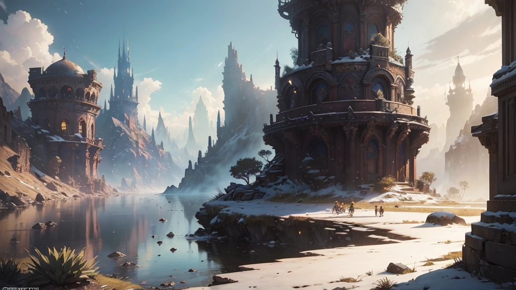 "(by Greg Rutkowski: 1.2), (masterpiece), ((best quality)), extremely delicate and beautiful, illustration, (fantasy landscape), A mesmerizing fantasy landscape with enchanting elements blending seamlessly. ((Zanarkand from final fantasy x)), A sense of tranquility and wonder fills the air, inviting exploration and discovery. Providing a distant view that captures the grandeur and atmosphere. From Brian Froud and Carne Griffiths and Wadim Kashin and John William Waterhouse, 8K post-production, high resolution, hyperdetailed, depth of field, HDR, intricate"