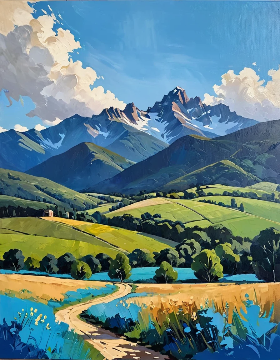 A heavy texture oil painting, Thick brushwork, dry brush,Expose the bottom layer, breathtaking composition,blue sky，There are a lot of clouds，sunny，The foreground features dark mountains，Mood lighting, Dramatic shadows, Soft泥土色彩, Vibrant colors, Very detailed, masterpiece, using a sky blue color palette, Soft, Dark gray blue, dark green, Ensure design elements are balanced. Greg Gossell: Combining collage and mixed media with influences from street art，Create vibrant works