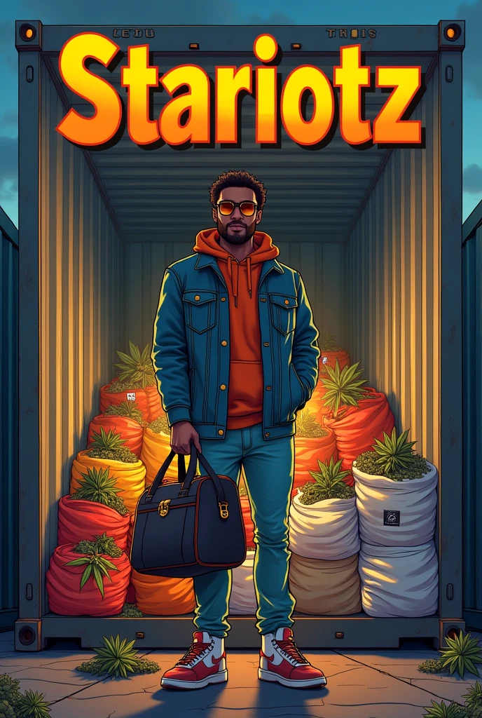 An animated image of a person with a Gucci duffel bag. This person is standing in a large container, looking ahead. In front of this person, there is a lot of cannabis in bags and these bags are being unloaded from a container. The image should have 'Stariotz' written in large letters.