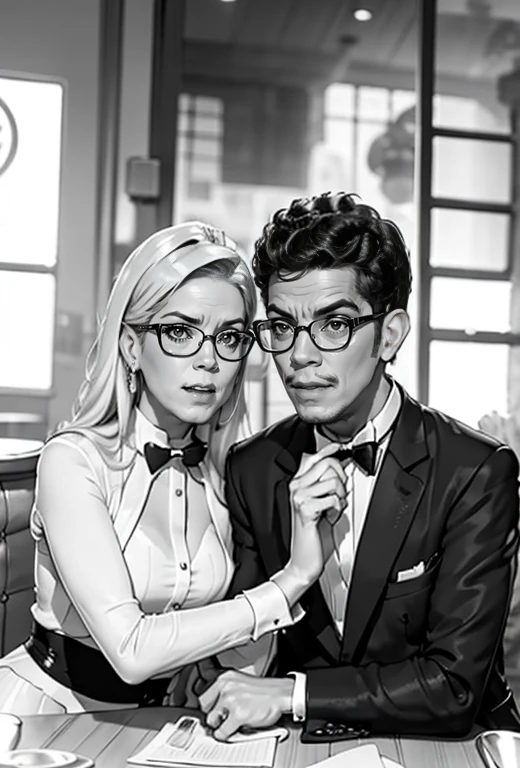 The picture shows a couple: cantinflas wearing an elegant tuxedo, sitting at a restaurant table with a spectacled blonde who is wearing an elegant evening gown, They are enjoying dinner 