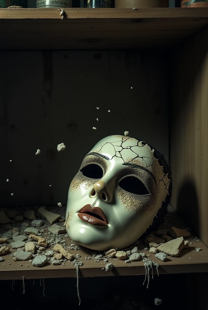 destroyed mask on a shelf 